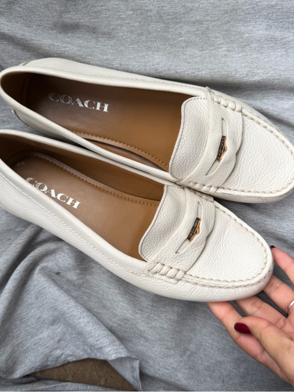 Coach Cream Leather Penny Loafers with Gold Accent
